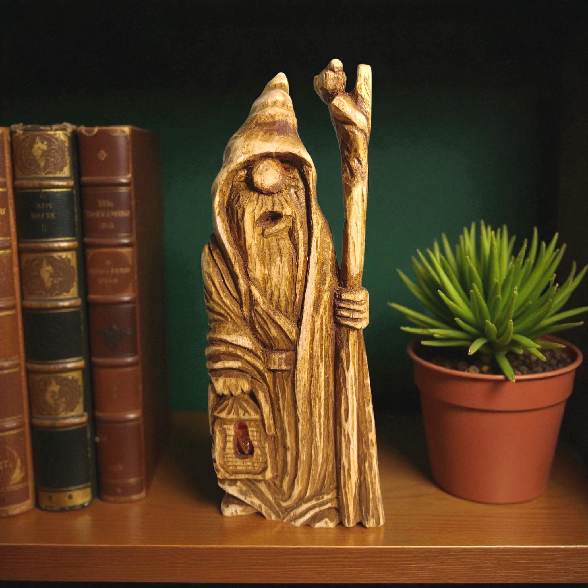 Hand Carved Oak Wood Figurines with Stone Inlay - Shelf Decor 21cm.(8.6in.) — image 3