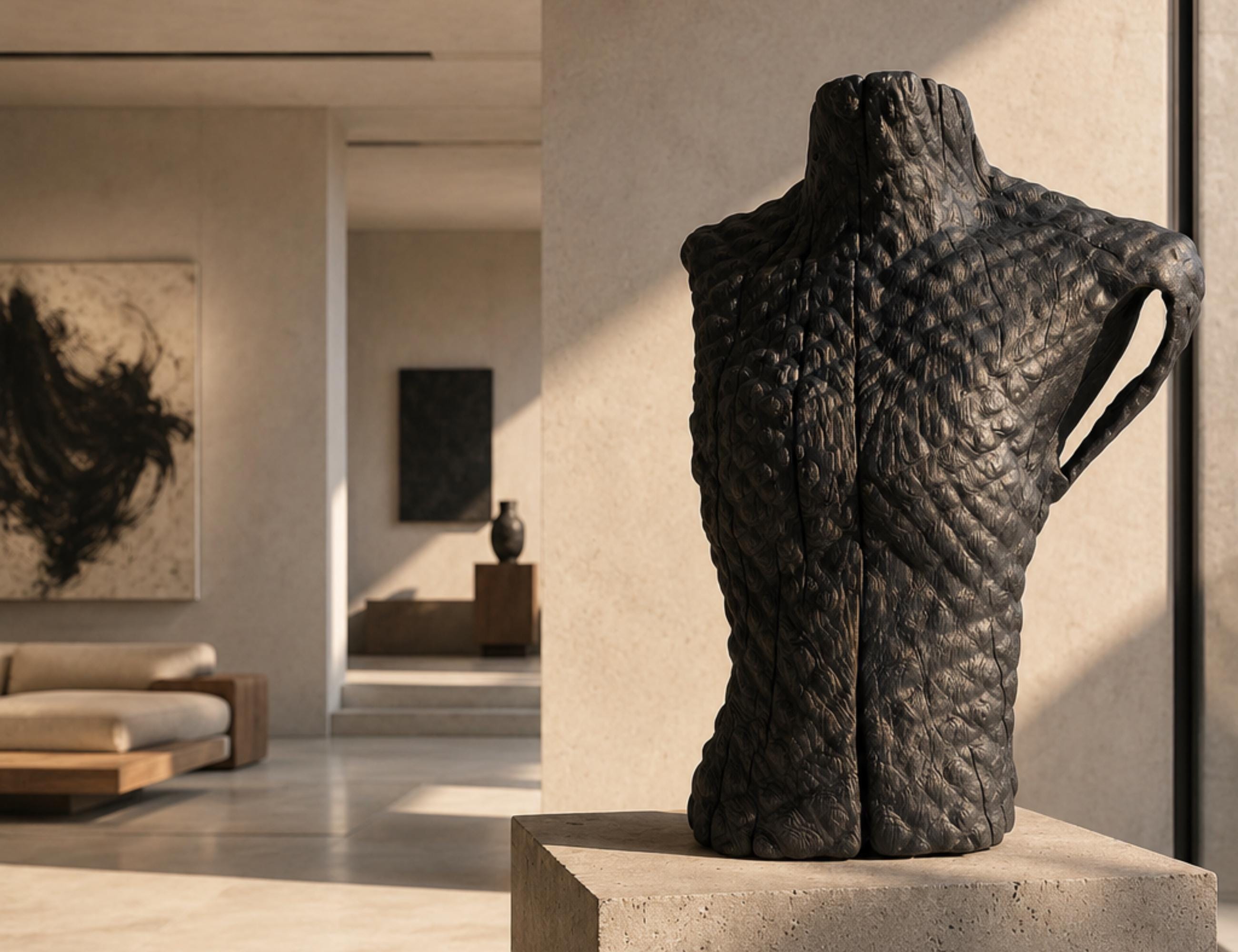 Wooden Abstract Oak Torso Sculpture, Blackened Wood Art, Brutalist Wabi Sabi Decor — image 8