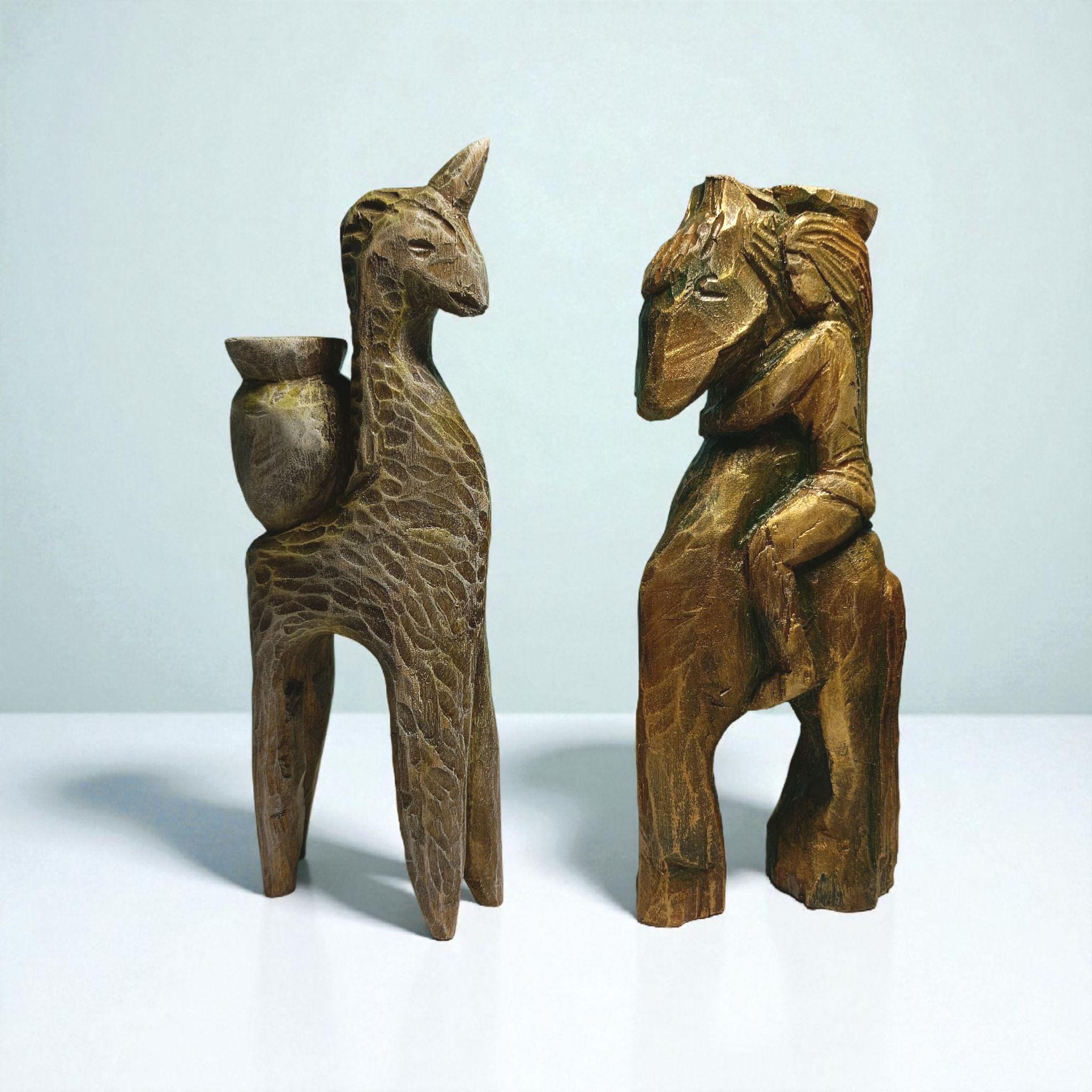Handmade Wooden Candle Holders - Hand Carved Elm Wood Figurines: Unicorn and girl on a horse — image 8