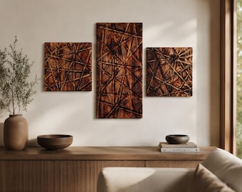 Decorazioni murali in legno, decorazioni da parete fatte a mano, pannelli in pino intagliati a mano (set di 3)