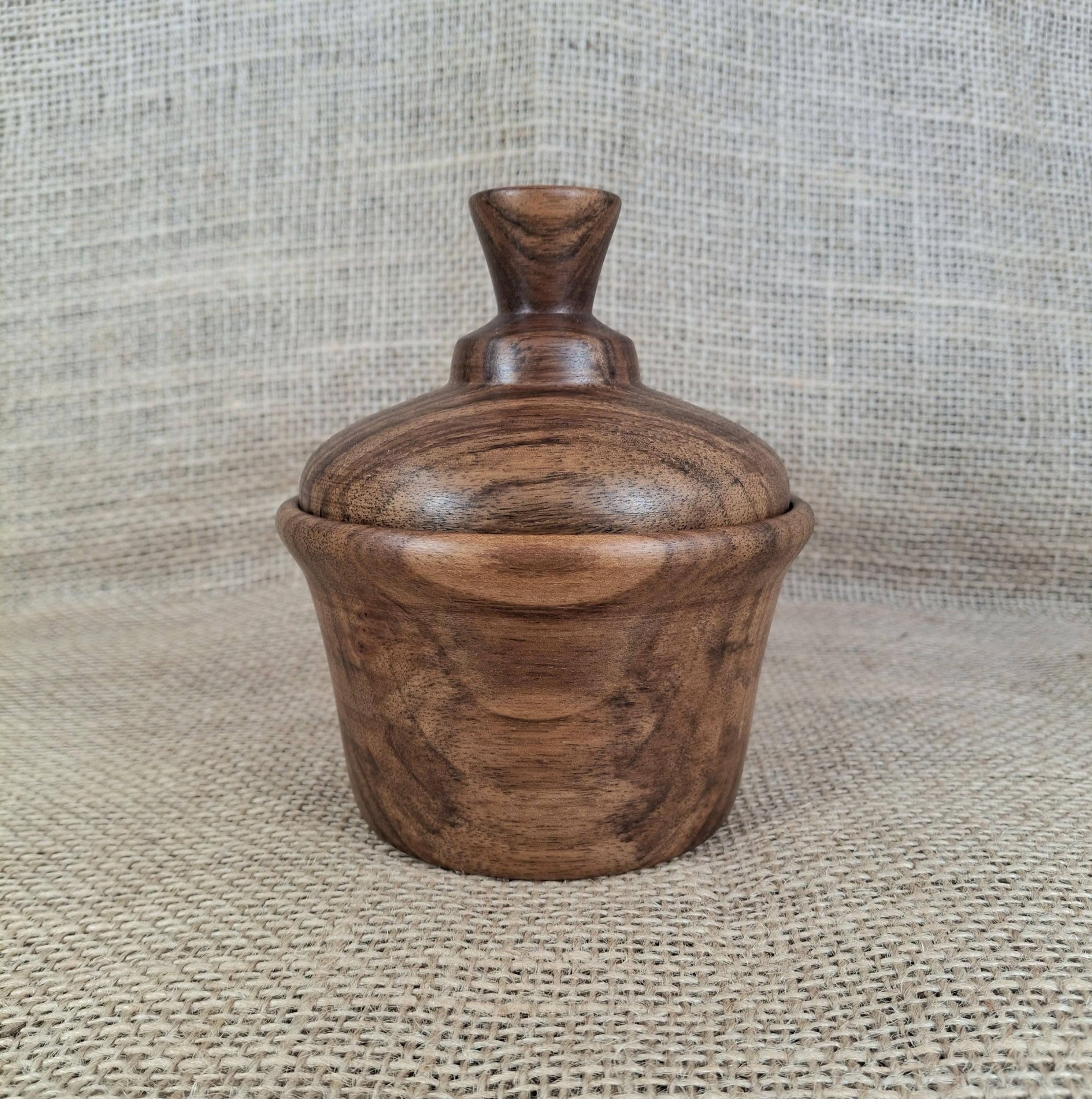 Handmade Walnut Pear Wood Jar with Lid – Rustic Kitchen Storage Bowl — image 8