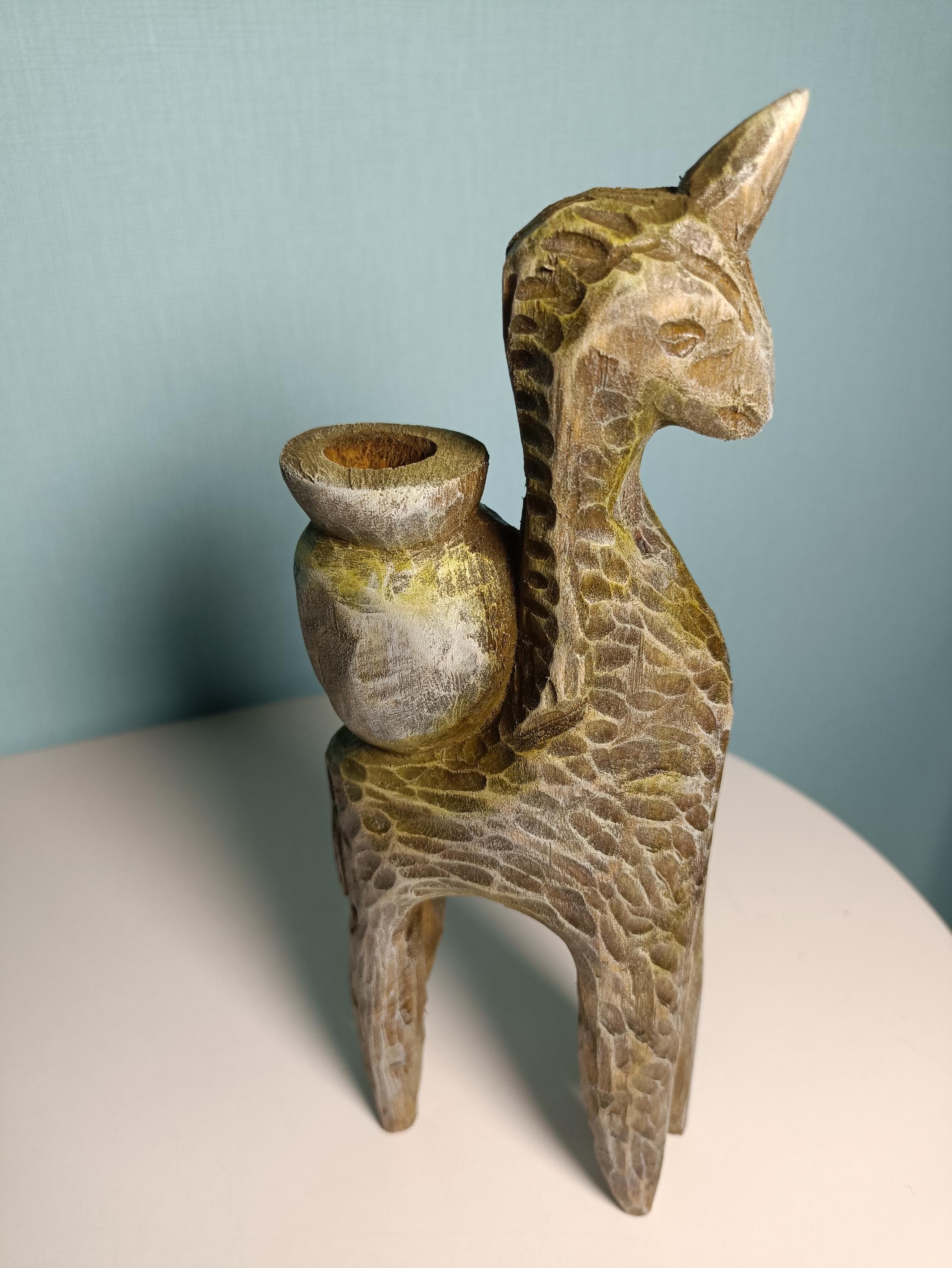 Handmade Wooden Candle Holders - Hand Carved Elm Wood Figurines: Unicorn and girl on a horse — image 6