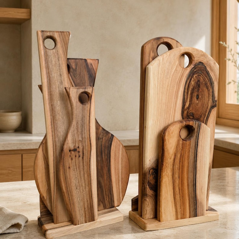 Op de afbeelding: Twee houten standaards met meerdere snijplanken van natuurlijk hout in verschillende vormen en maten. Elke plank heeft opvallende houtnerven, donkerbruine strepen en een rond gat aan de bovenkant om op te hangen of vast te houden.