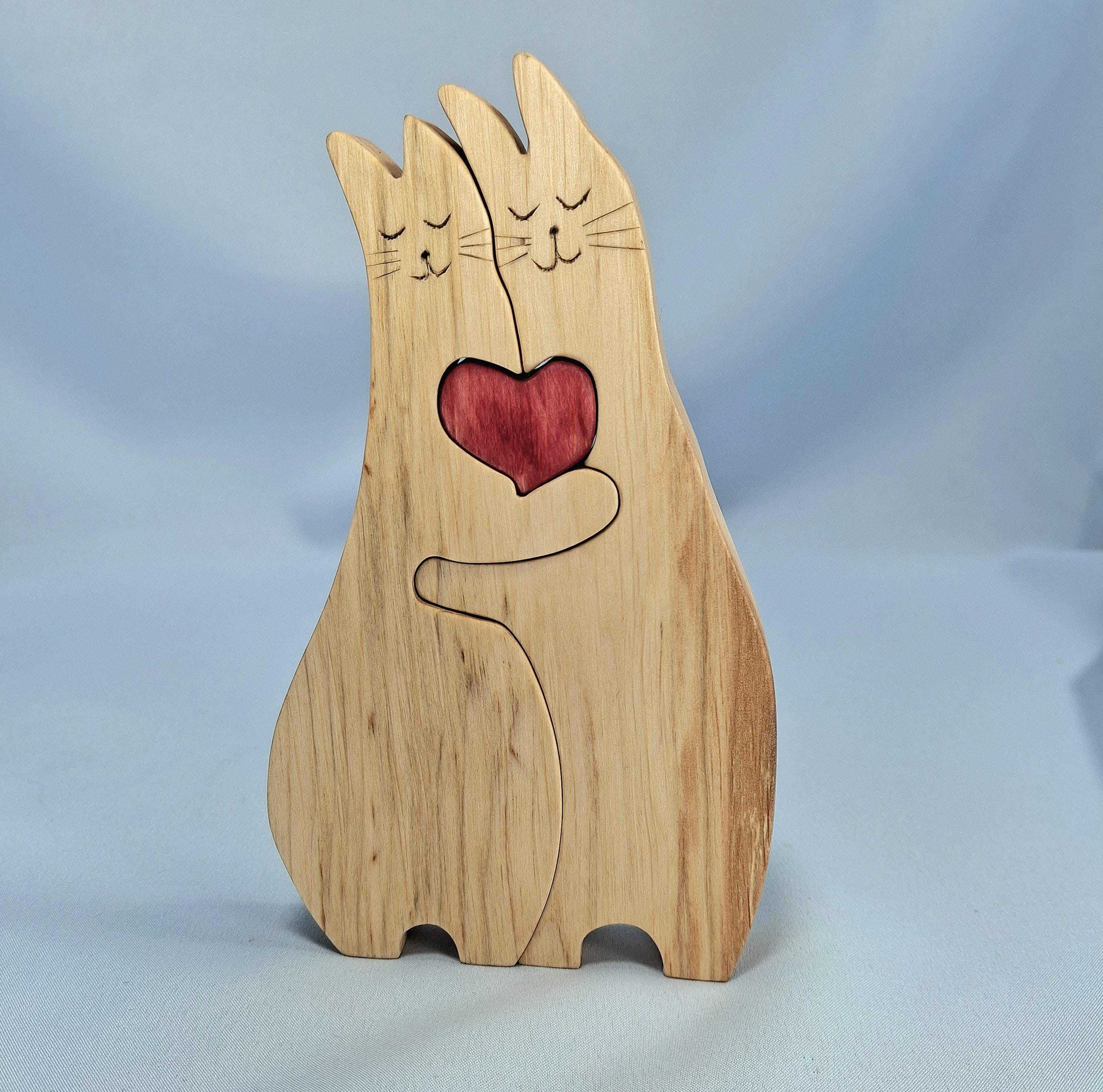 Wooden Cat Figurine, Hand Painted Wood Sculpture, Cat Lover Gift — image 3