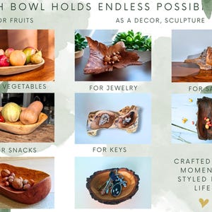 K&ouml;nnte beinhalten: Holzschalen mit Fr&uuml;chten, Gem&uuml;se, Schmuck und Snacks. Der Text lautet "EACH BOWL HOLDS ENDLESS POSSIBILITIES" und "CRAFTED FOR MOMENTS, STYLED FOR LIFE."