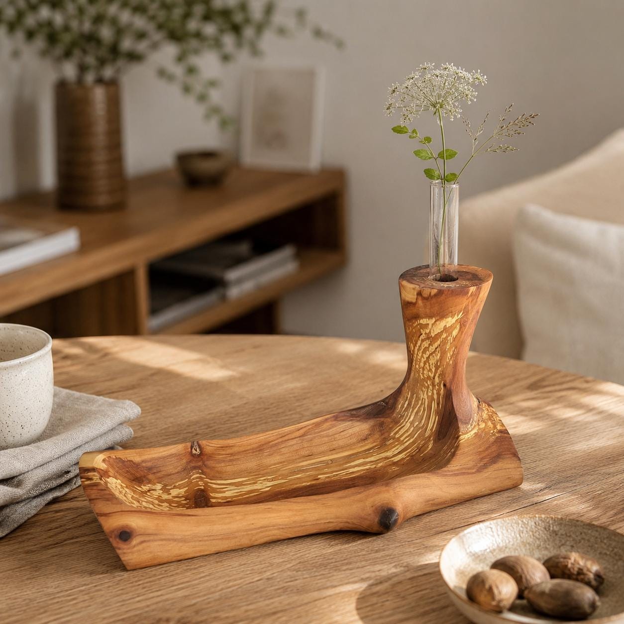 Handmade Wooden Bowl with Bud Vase, Rustic Centerpiece Organizer from Spalted Apple Wood — image 2