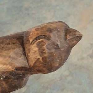 Pu&ograve; includere: Primo piano di una testa di uccello in legno intagliato a mano. Il becco dell'uccello &egrave; appuntito e il suo occhio &egrave; dettagliato. Il legno ha un colore marrone caldo naturale con venature e texture visibili, che suggeriscono un oggetto rustico o fatto a mano.