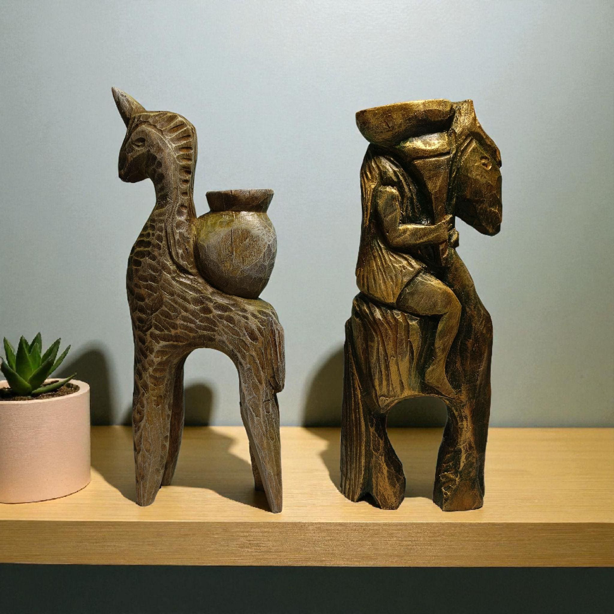Handmade Wooden Candle Holders - Hand Carved Elm Wood Figurines: Unicorn and girl on a horse — image 7