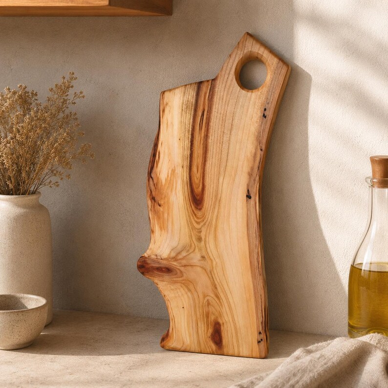 Puede incluir: Una tabla de cortar de madera de color marr&oacute;n claro con un borde natural y un orificio circular en la parte superior para colgarla. La tabla presenta vetas, remolinos y nudos prominentes, mostrando la textura org&aacute;nica de la madera.