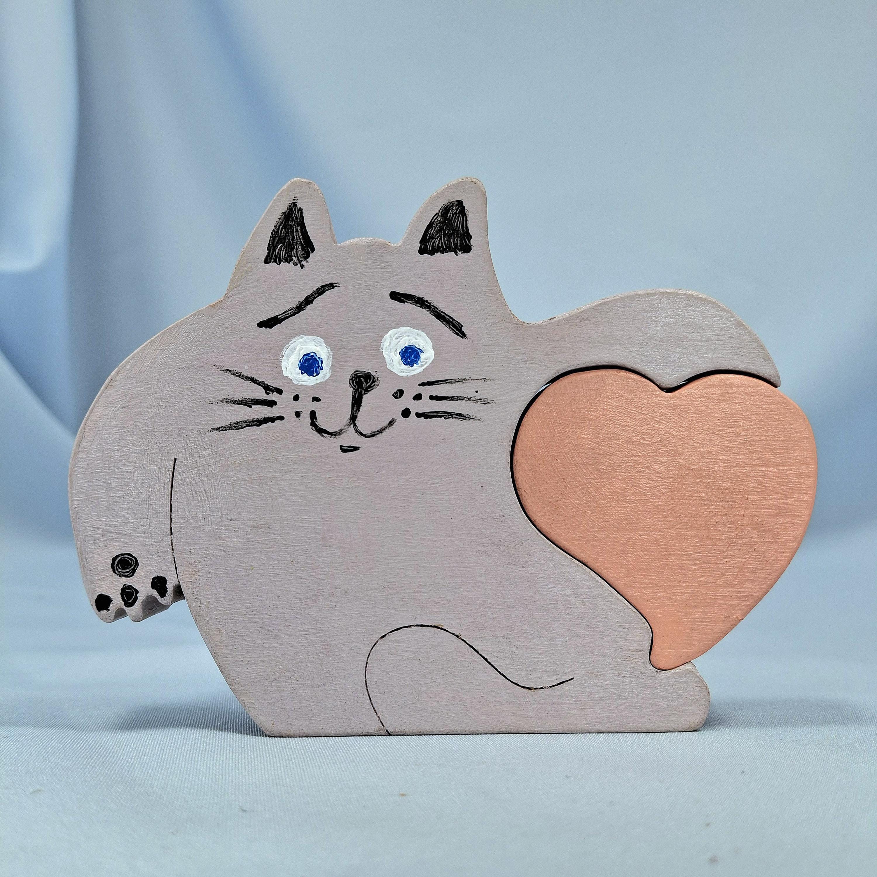 Hand-Carved Wooden Cat Puzzle, Handmade Folk Art Decor, Love Cat Figurines, Valentines Day Gift — image 9