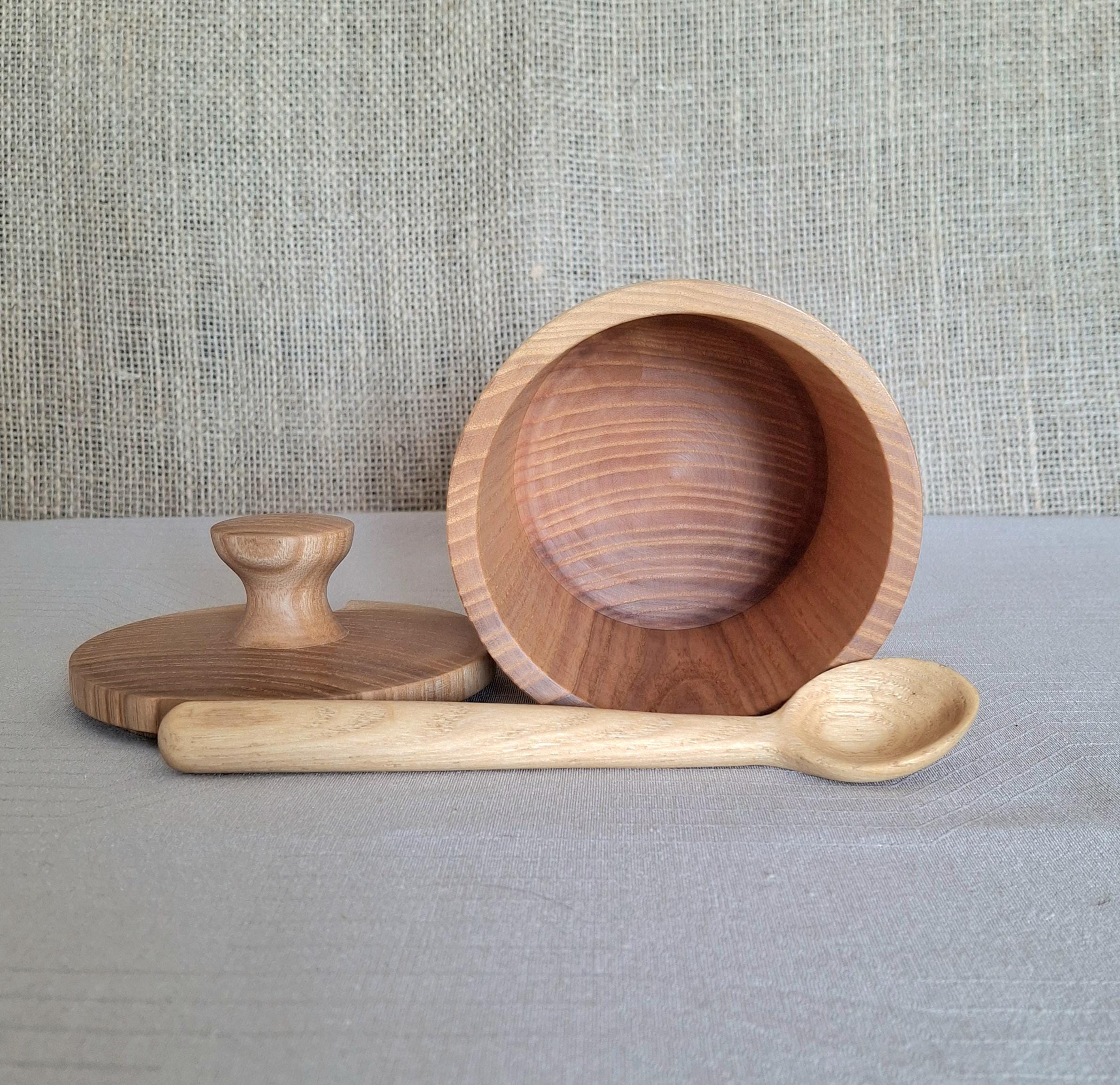 Handmade Wood Spice Jar with Lid and Spoon, Ash Wood Sugar Bowl, Salt Cellars — image 7