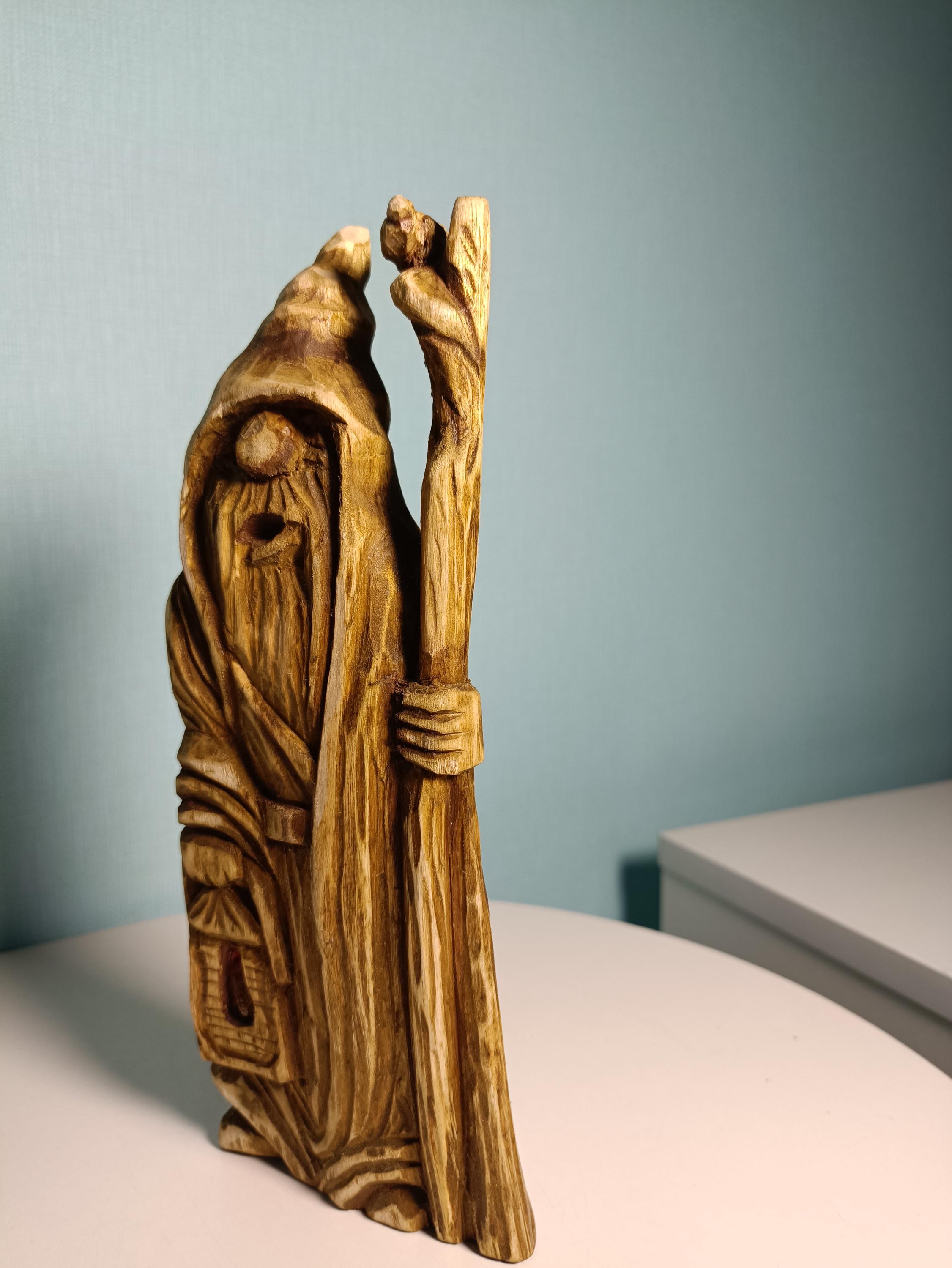 Hand Carved Oak Wood Figurines with Stone Inlay - Shelf Decor 21cm.(8.6in.) — image 6