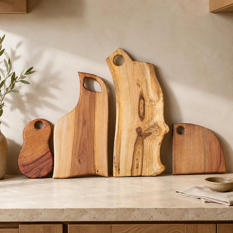 Puede incluir: Cuatro tablas de cortar de madera de diversas formas y tama&ntilde;os, cada una con un borde natural y un orificio circular para colgar. Las tablas muestran patrones de veta de madera distintos en tonos beige claro, marr&oacute;n dorado y marr&oacute;n rojizo.