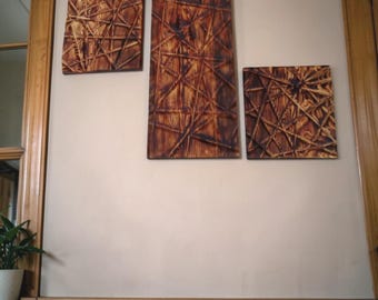 Wood Wall Art, Handmade Wall Hanging Decor, Hand-Carved Pine Panels (Set of 3)