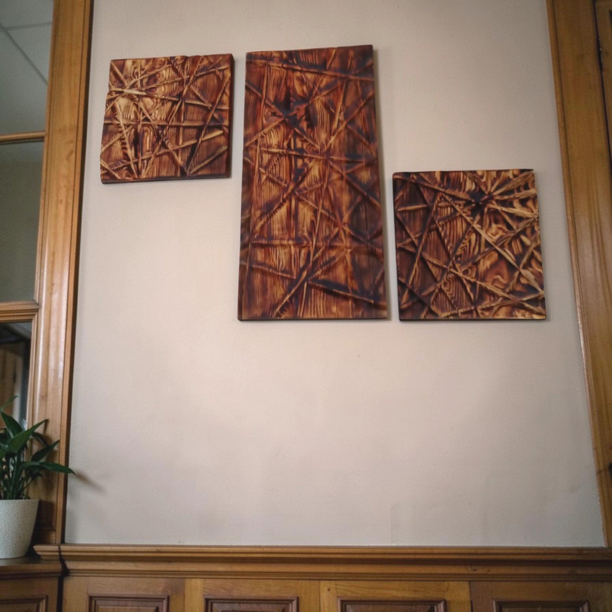 Wood Wall Art, Handmade Wall Hanging Decor, Hand-Carved Pine Panels (Set of 3) — image 5