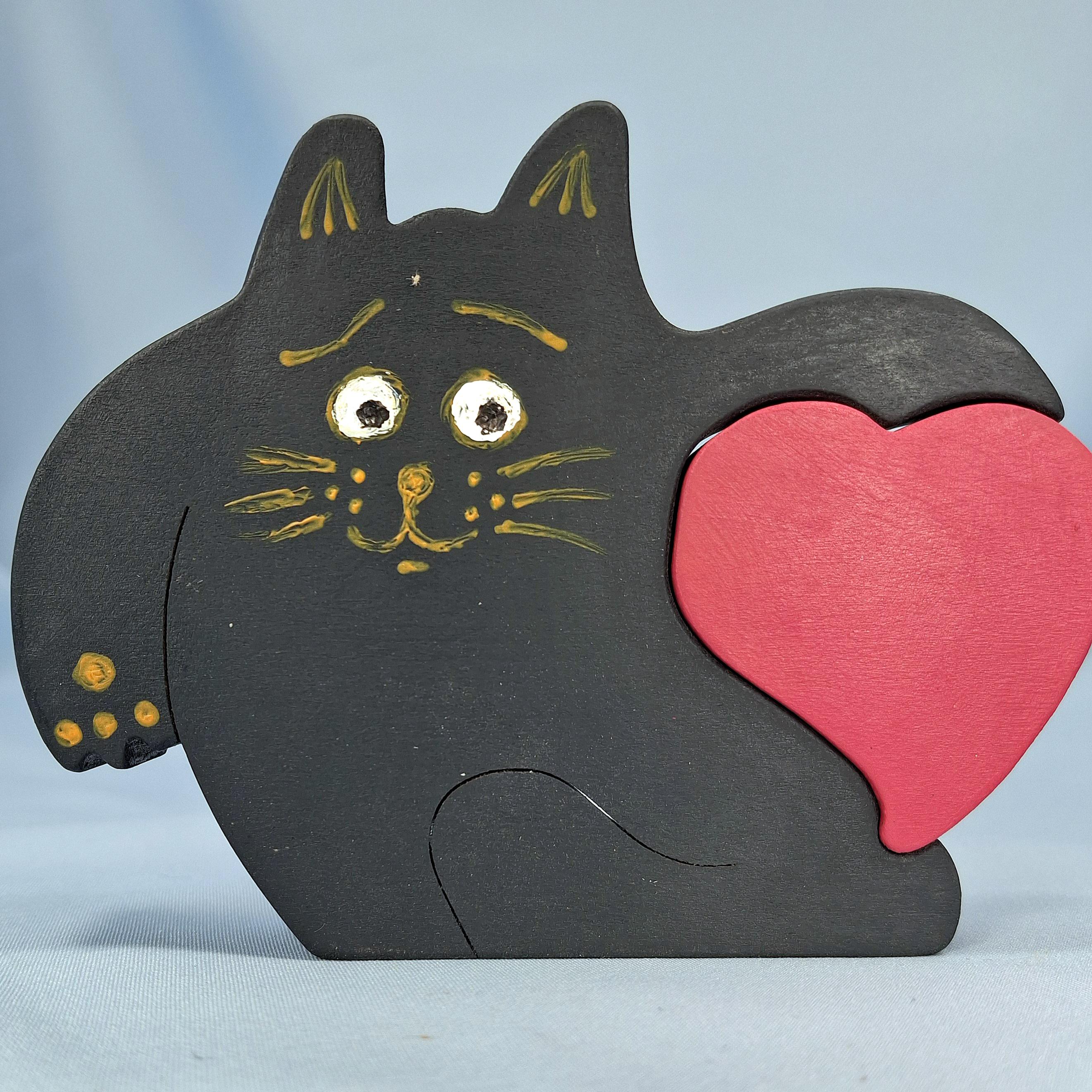 Hand-Carved Wooden Cat Puzzle, Handmade Folk Art Decor, Love Cat Figurines, Valentines Day Gift — image 8