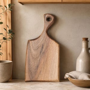 May include: A wooden cutting board with a natural grain pattern and a handle featuring a circular cutout. The board has a rectangular base with rounded corners and is positioned upright. The wood displays varied brown tones and visible organic textures.