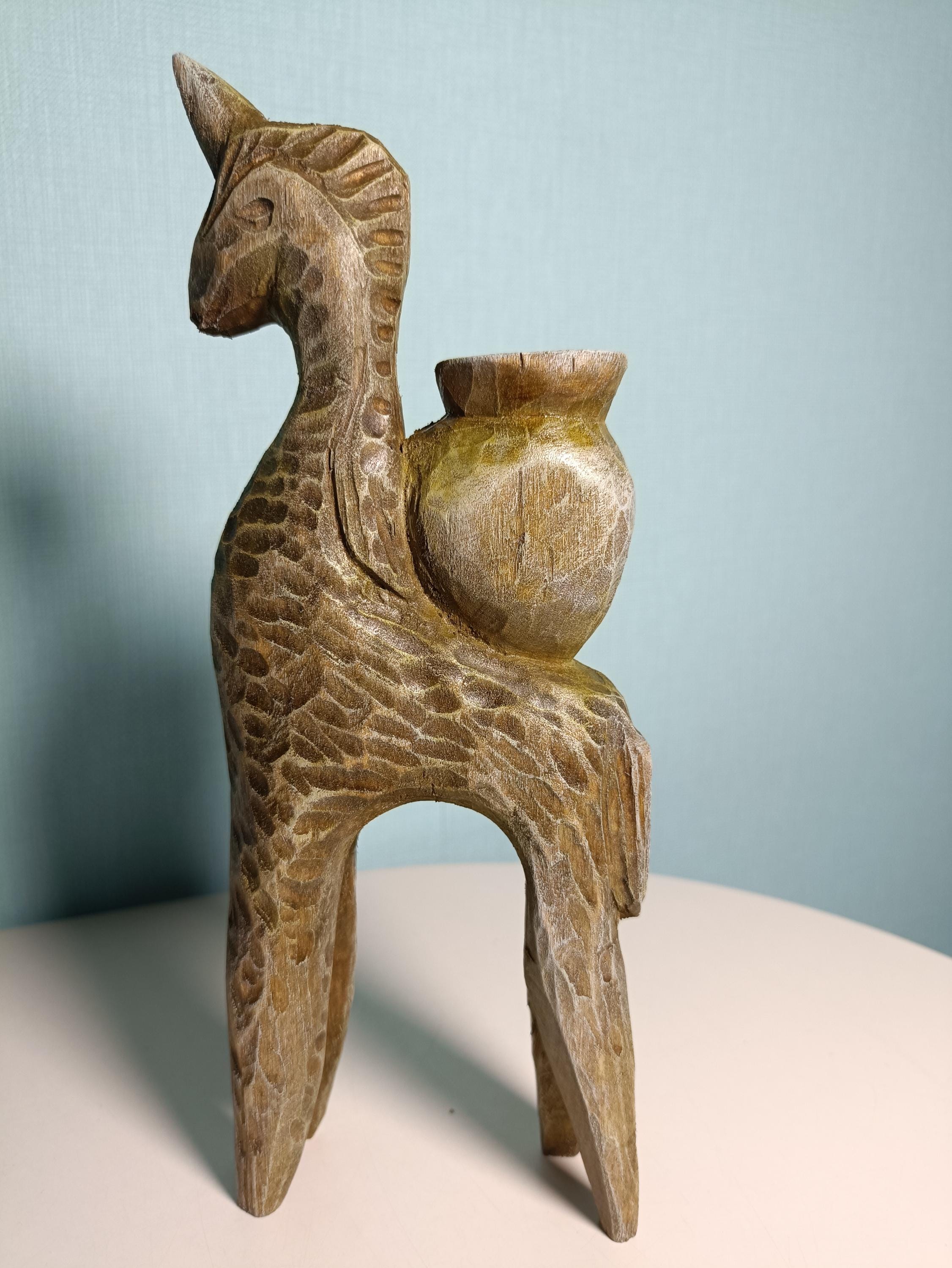 Handmade Wooden Candle Holders - Hand Carved Elm Wood Figurines: Unicorn and girl on a horse — image 2