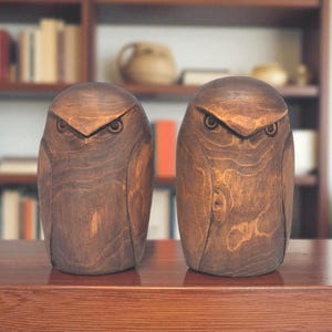 Hand Carved Maple Wood Owl Figurine: Wooden Bird Shelf Decor