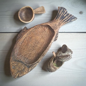 Hand Carved Maple Wood Serving Set: Fish Bowl, Salt Cellar, Kuksa