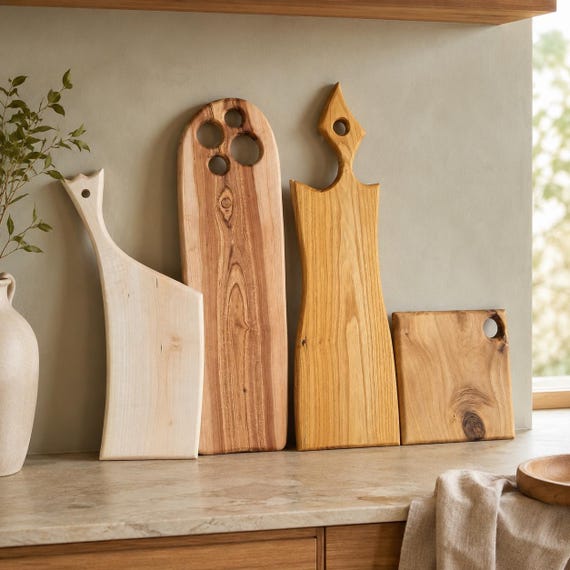 Solid Walnut Wood Chopping Board, Rustic Farmhouse Kitchen Decor, Asymmetric Handle