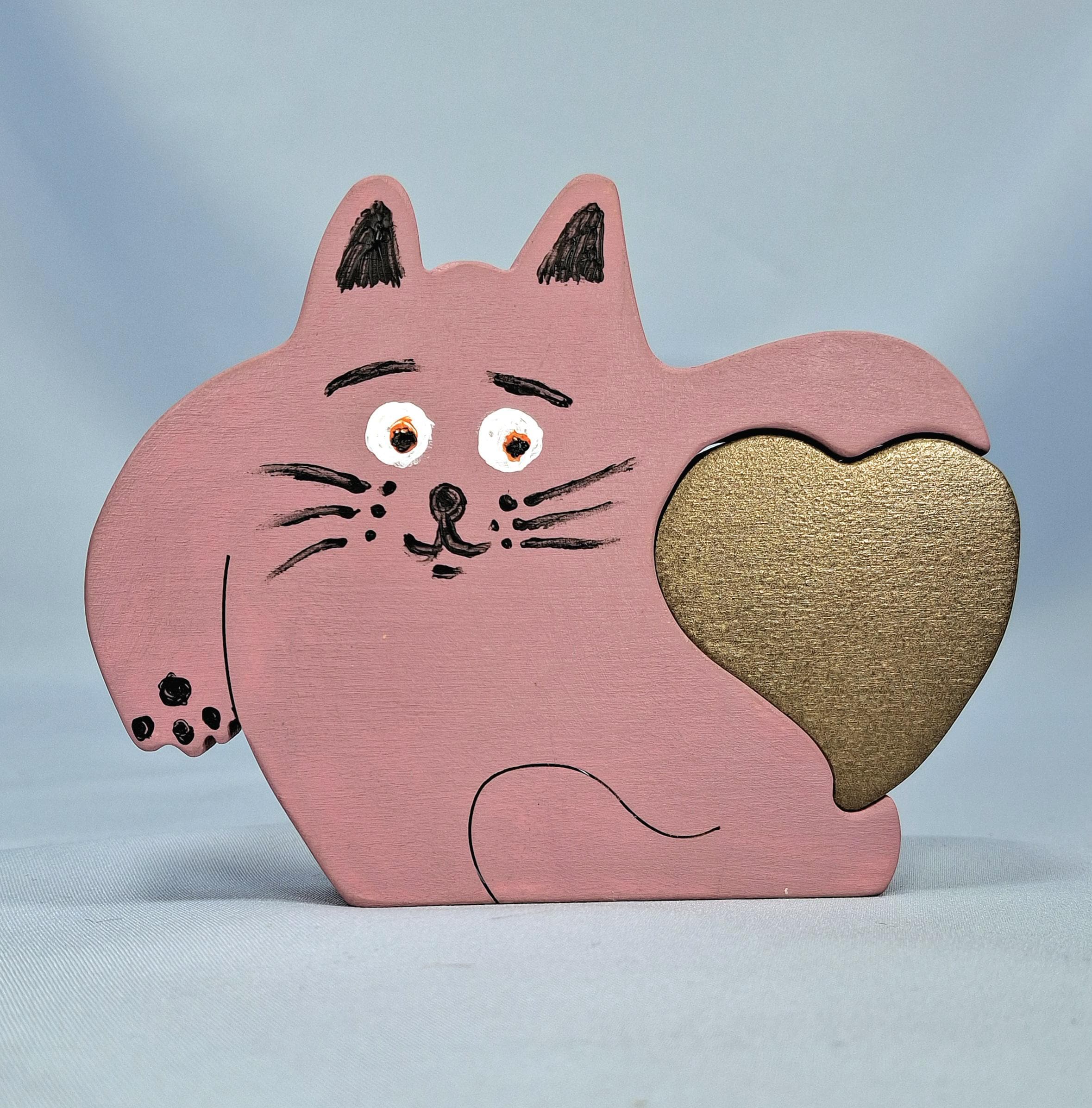 Hand-Carved Wooden Cat Puzzle, Handmade Folk Art Decor, Love Cat Figurines, Valentines Day Gift — image 7