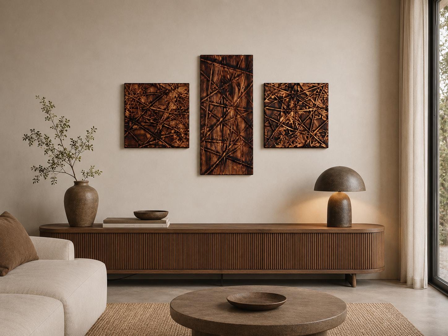 Wood Wall Art, Handmade Wall Hanging Decor, Hand-Carved Pine Panels (Set of 3) — image 4