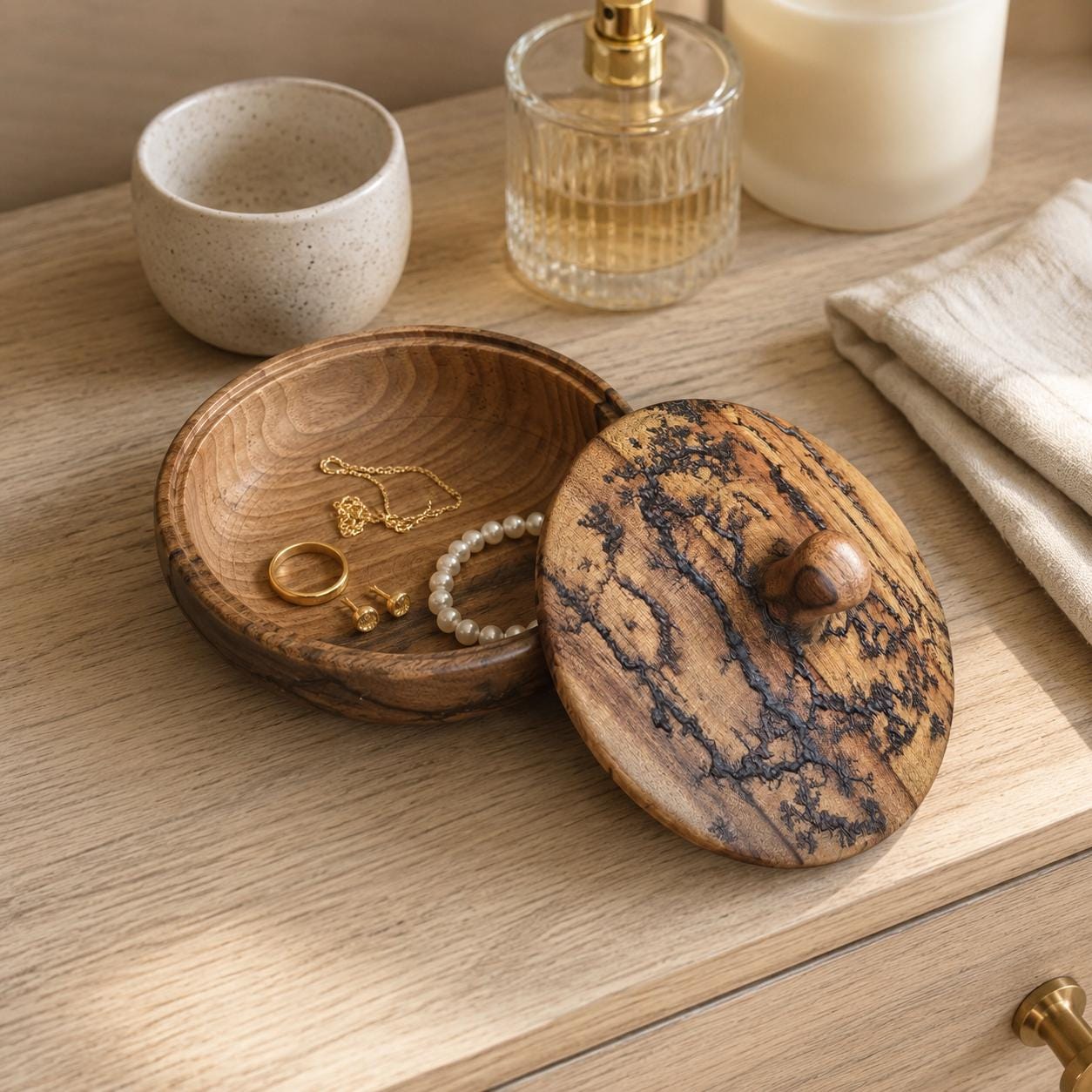 Handmade Wooden Trinket Box, Round Jewelry Keepsake Box, Rustic Bowl with Decorative Lid — image 2