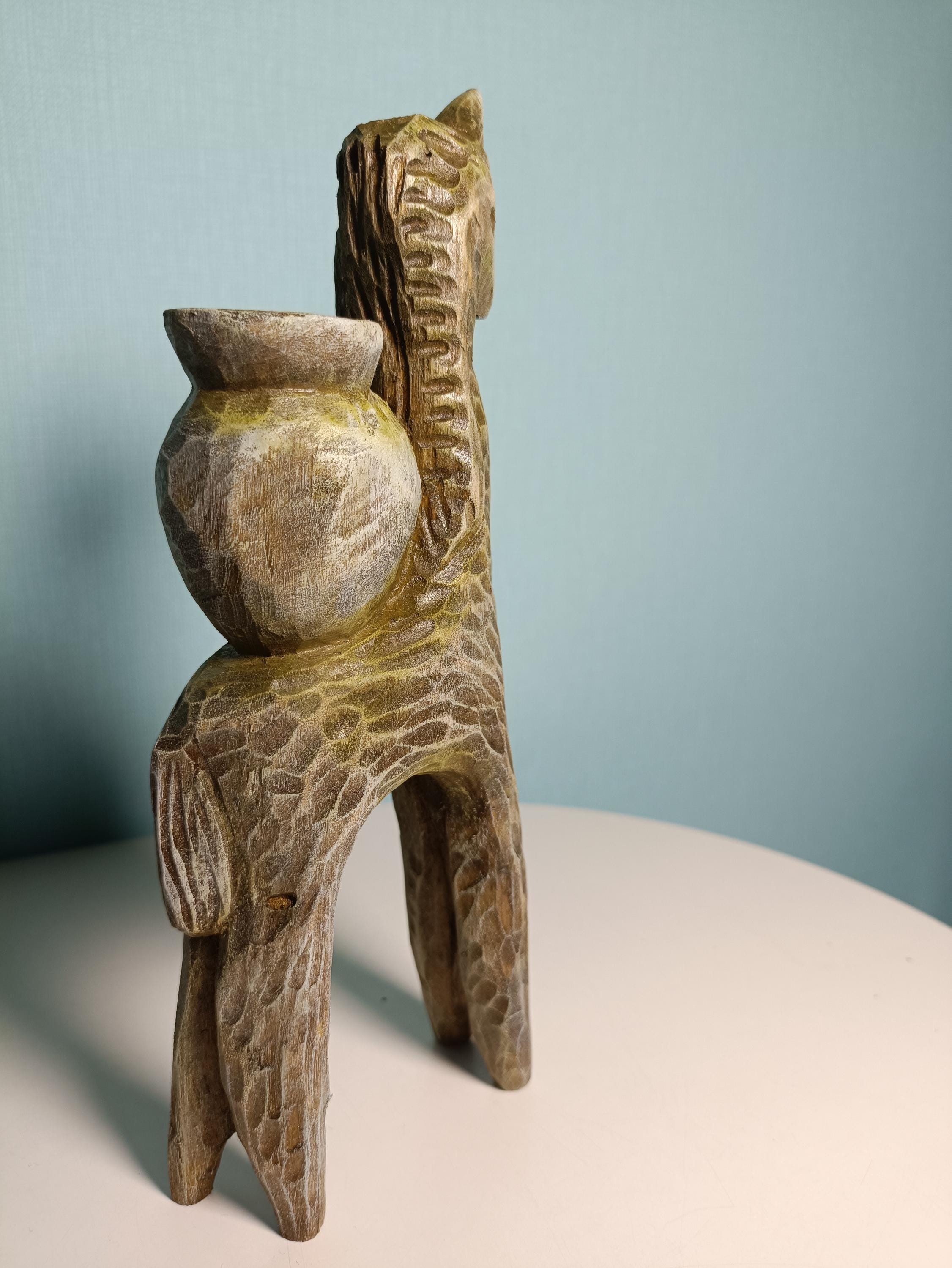Handmade Wooden Candle Holders - Hand Carved Elm Wood Figurines: Unicorn and girl on a horse — image 3