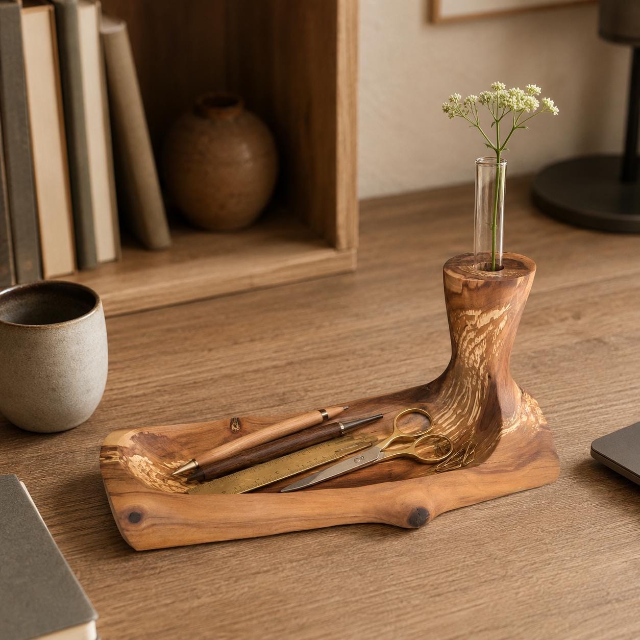 Handmade Wooden Bowl with Bud Vase, Rustic Centerpiece Organizer from Spalted Apple Wood — image 5