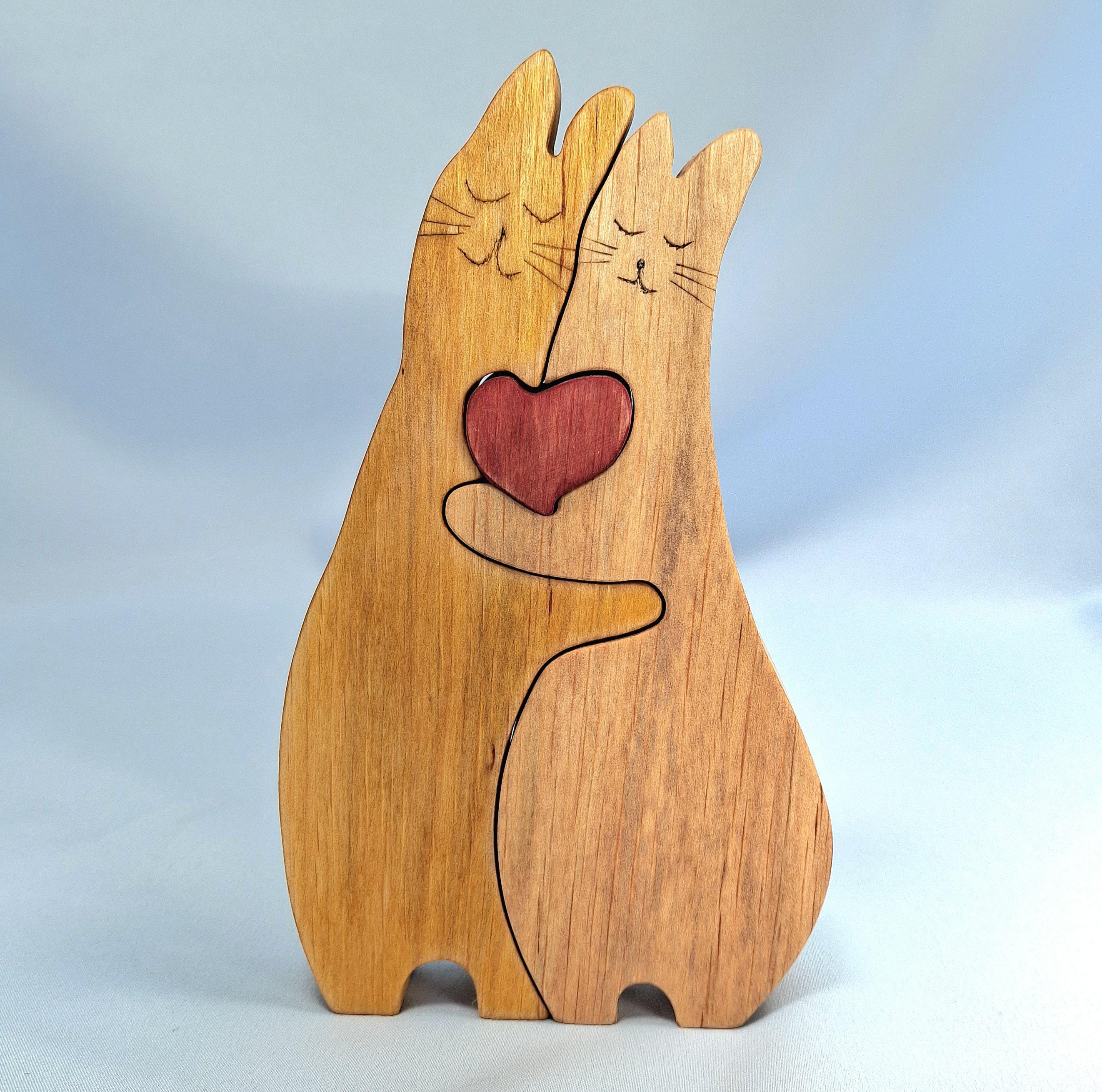 Hand-Carved Wooden Cat Puzzle, Handmade Folk Art Decor, Love Cat Figurines, Valentines Day Gift — image 6
