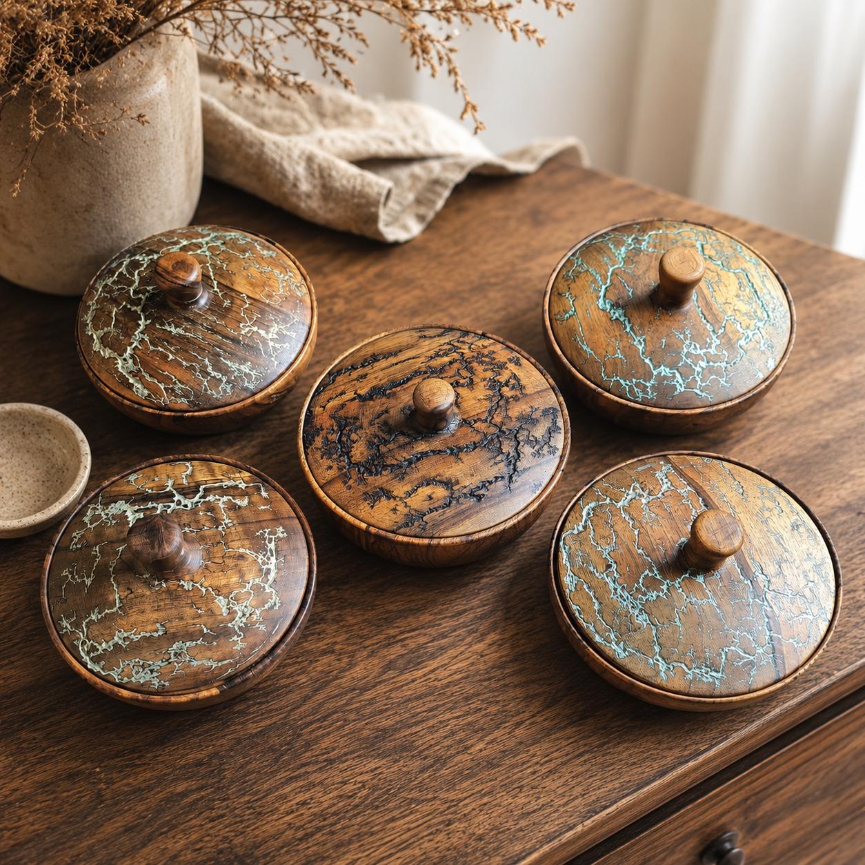 Handmade Wooden Trinket Box, Round Jewelry Keepsake Box, Rustic Bowl with Decorative Lid — image 3