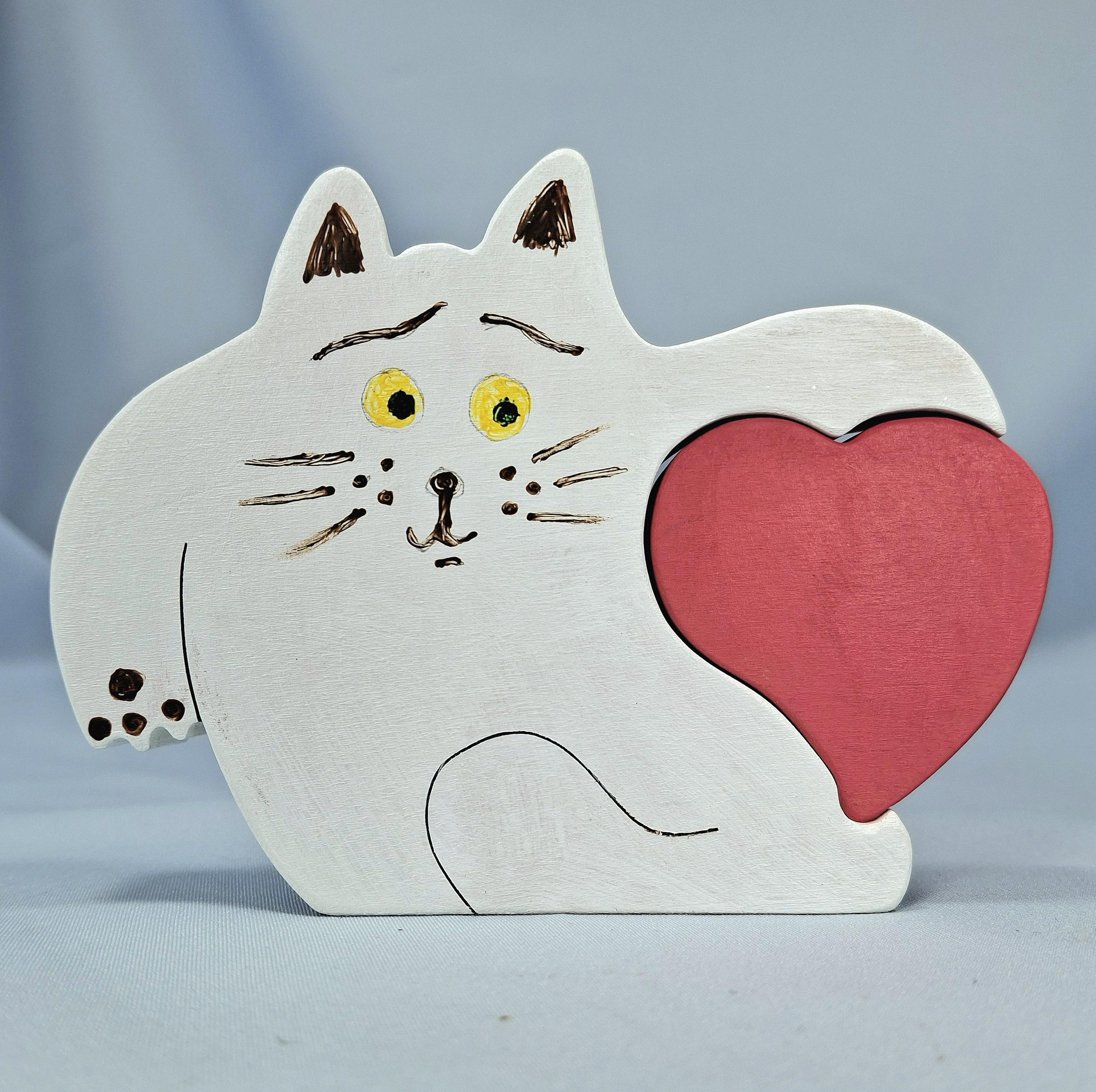 Hand-Carved Wooden Cat Puzzle, Handmade Folk Art Decor, Love Cat Figurines, Valentines Day Gift — image 3