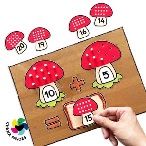Mushroom Math Mania imprimible Juego de suma Actividad de aprendizaje Promueve la visualización de números y el desarrollo del agarre de pinza imagen 4