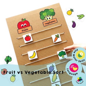 May include: A brown cardboard board with a white string attached to it. There are various colorful pictures of fruits and vegetables on the board. The pictures are labeled "Fruits" and "Vegetables". The board is titled "Fruit vs Vegetable Sort".
