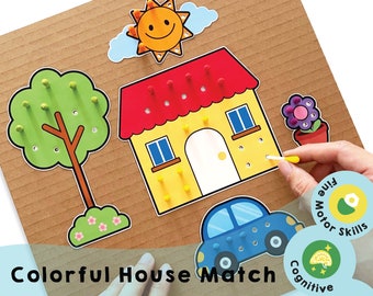 May include: A colourful house-shaped board with a yellow sun, a green tree, a blue car, and a purple flower. The board has holes for pegs and is labelled "Colorful House Match".