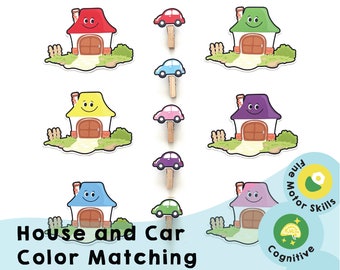 Combinación de colores de la casa y el automóvil: recursos preescolares imprimibles de educación en el hogar para ayudar a su hijo a desarrollar la memoria visual y las habilidades motoras finas