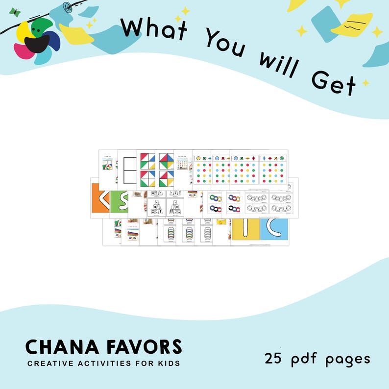 Peut inclure: Un ensemble de 25 pages PDF imprimables avec des activit&eacute;s cr&eacute;atives pour les enfants. Les pages pr&eacute;sentent des illustrations color&eacute;es et des activit&eacute;s telles que l'appariement, le tri et le comptage.