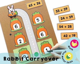 Rabbit Carryover Printable - Carrot Math Quest: Introduce Carryover for Double Digit Addition - Boost Math Skills & Fun Learning!