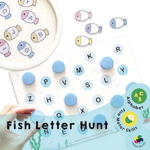 Búsqueda de letras de peces - PDF imprimible - Solo descarga - Juego atractivo para que los niños fomenten el reconocimiento de letras y las habilidades motoras finas.