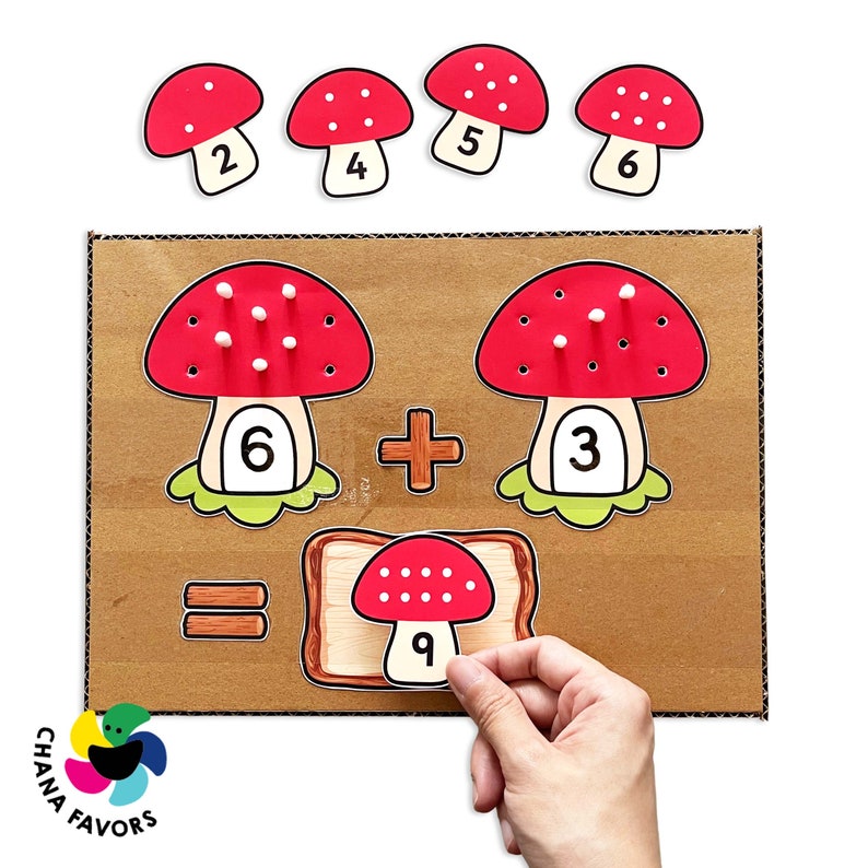 Colorful mushroom addition game printable for kids - Mushroom Math Mania. Printable for instant download by Chanafavors. Available on Etsy store.