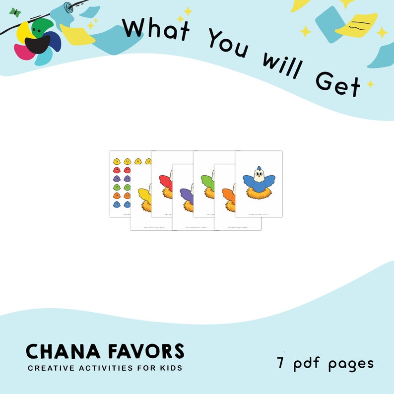 May include: Printable activity pack for kids featuring a colorful bird and chicks. The pack includes 7 pages with a variety of activities, including counting, matching, and coloring.  What You Will Get.