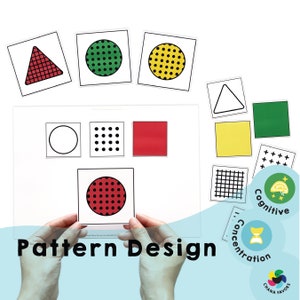 Puede incluir: Un juego de cartas de patrones coloridos para un juego cognitivo. Las cartas presentan diferentes formas, colores y patrones, incluyendo círculos, cuadrados, triángulos y puntos. Las cartas están diseñadas para ayudar a mejorar la concentración y las habilidades cognitivas. El texto en las cartas dice "Cognitivo" y "Concentración".