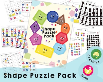 May include: A colorful set of printable shape puzzle worksheets for kids. The worksheets feature different shapes with smiling faces and include activities like matching shapes, counting shapes, and identifying symmetrical shapes. The set is labeled "Shape Puzzle Pack" and includes the words "Cognitive" and "Math".