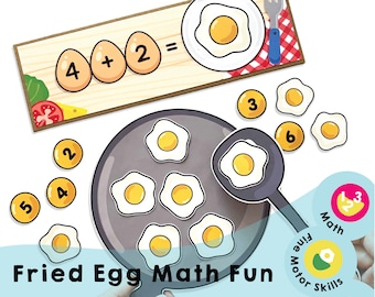 Divertimento matematico con uova fritte stampabile - Attività di addizione e sottrazione stampabile - Gioco di matematica per bambini per lo sviluppo delle abilità motorie e numeriche