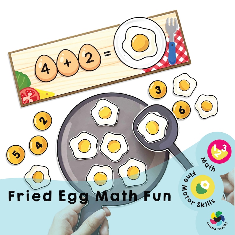 Cover image of Fried Egg Math Fun Printable showing a colorful array of fried eggs and math problem bars on a background depicting a frying pan. Chanafavors Printable available on Etsy