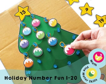 May include: A green Christmas tree with colorful ornaments and numbers 1-20. The numbers are on yellow stars. The text "Holiday Number Fun 1-20" is at the bottom of the image. The image also includes the text "Math", "Motor Skills", and "Skills".