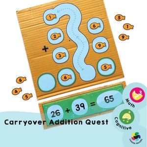 May include: A cardboard game board with a blue river path and yellow fish with numbers on them. The game is called "Carryover Addition Quest" and includes a math problem: 26 + 39 = 65. The game is designed to help children learn math skills.