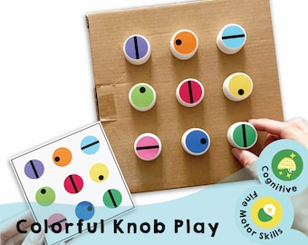 May include: A colourful knob play activity for children. The game includes a cardboard board with nine colourful lids with different patterns. The game also includes a card with nine colourful circles with different patterns. The game is designed to help children develop fine motor skills and cognitive skills. The game is labelled "Cognitive Skills" and "Fine Motor Skills".