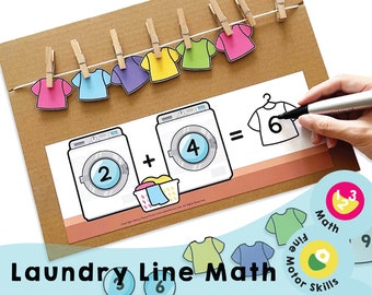 Stampabile matematica della linea della lavanderia - Gioco di addizioni e sottrazioni per bambini - Attività di apprendimento divertente per la fluidità della matematica - Gioco di matematica per bambini